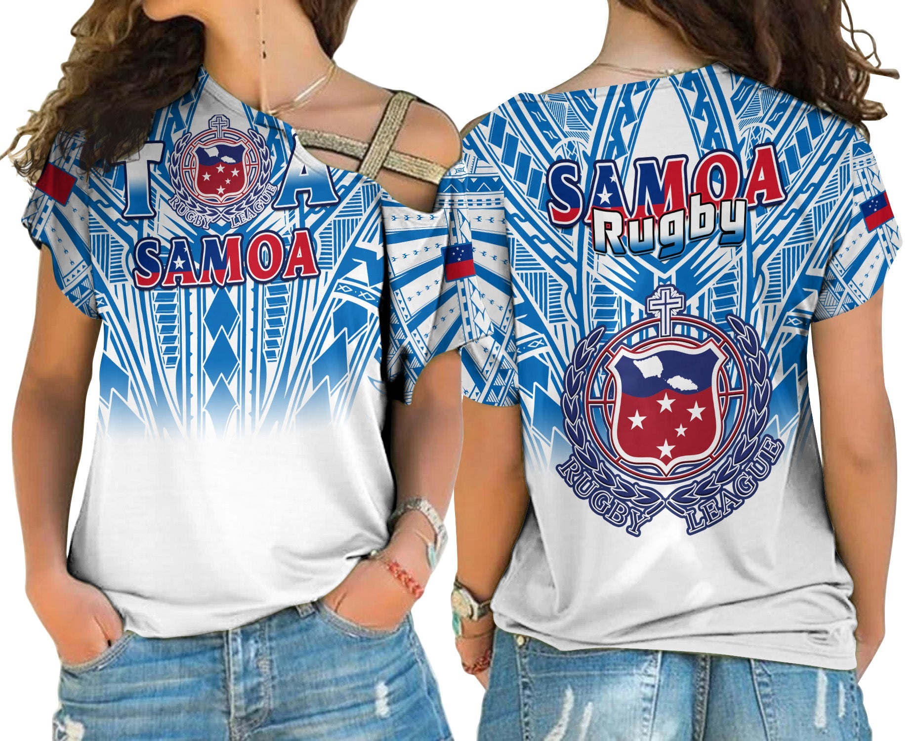 Samoa Rugby Cross Shoulder Shirt Toa Samoa Polynesian Pacific White Version LT14 Female White - Polynesian Pride