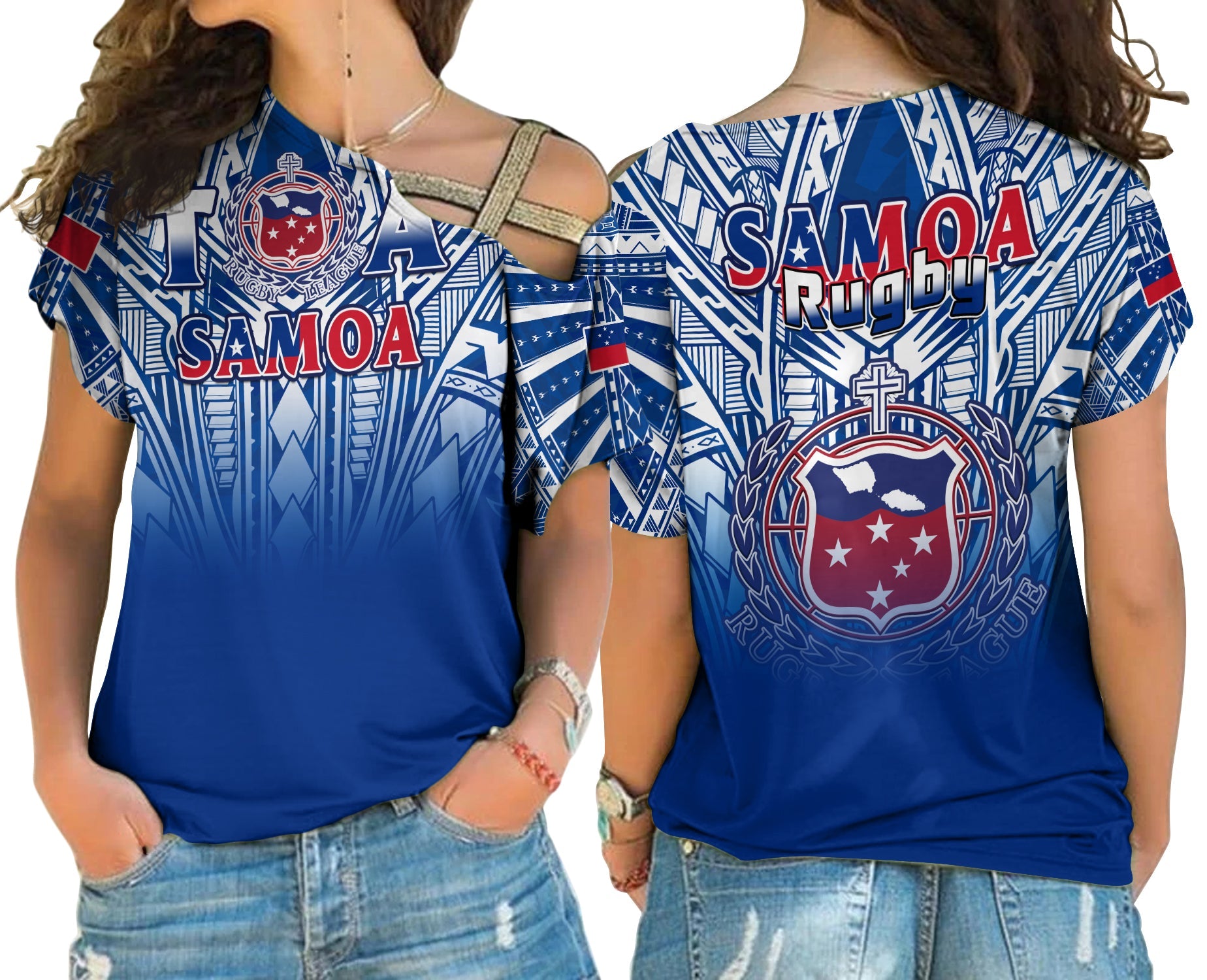 Samoa Rugby Cross Shoulder Shirt Toa Samoa Polynesian Pacific Navy Version LT14 Female Blue - Polynesian Pride