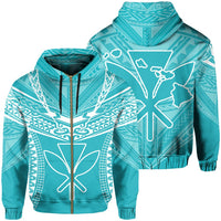 Hawaiian Kanaka Map Football Jersey Hoodie Zip Cyan and White Roger Style Unisex Cyan - Polynesian Pride