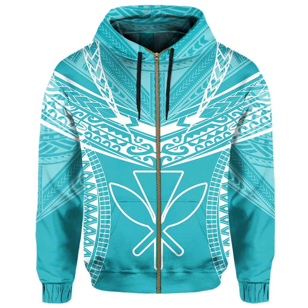 Hawaiian Kanaka Map Football Jersey Hoodie Zip Cyan and White Roger Style - Polynesian Pride