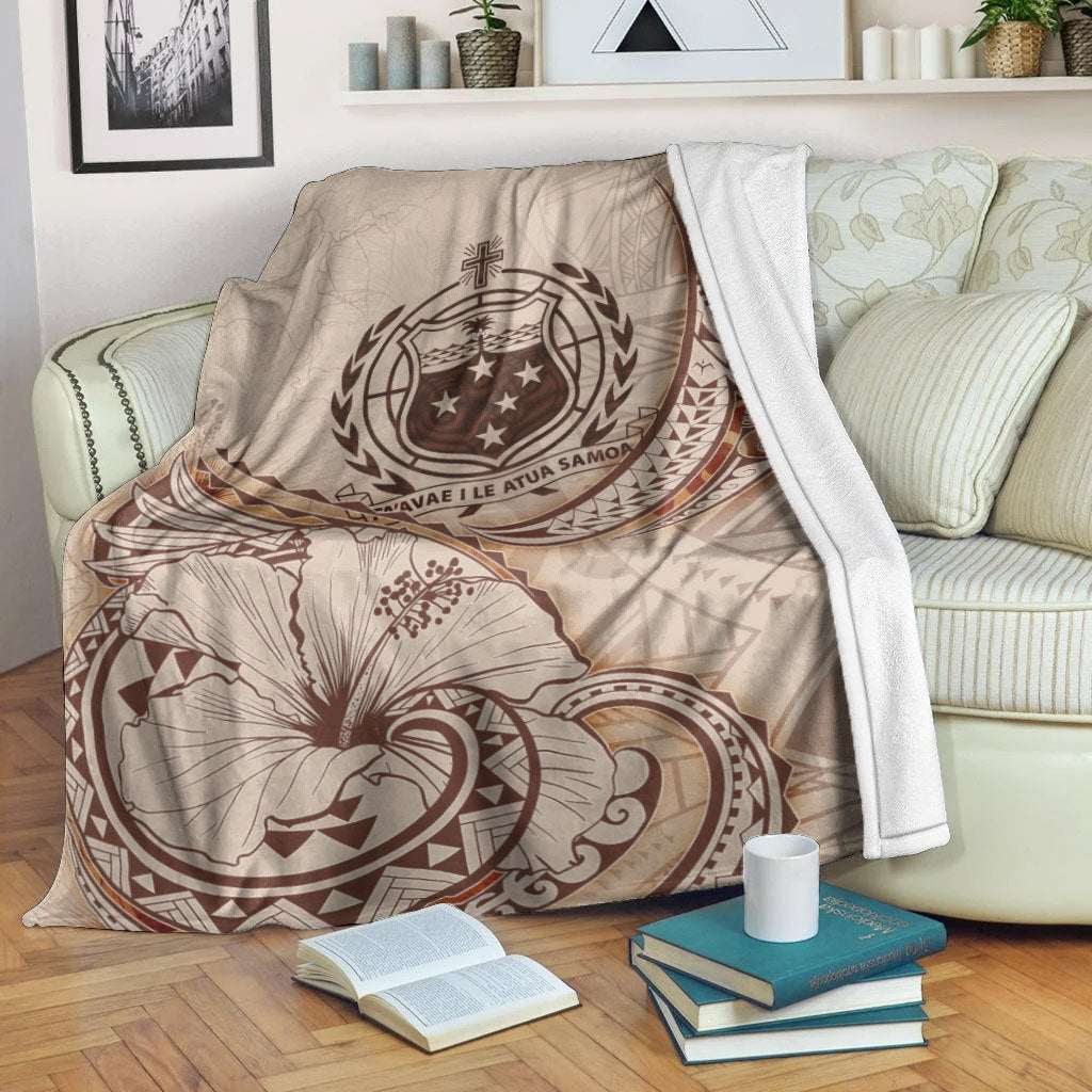 Samoa Premium Blanket - Hibiscus Flowers Vintage Style White - Polynesian Pride