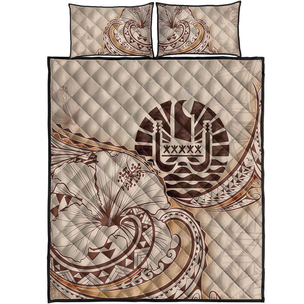 French Polynesia Quilt Bed Set - Hibiscus Flowers Vintage Style - Polynesian Pride