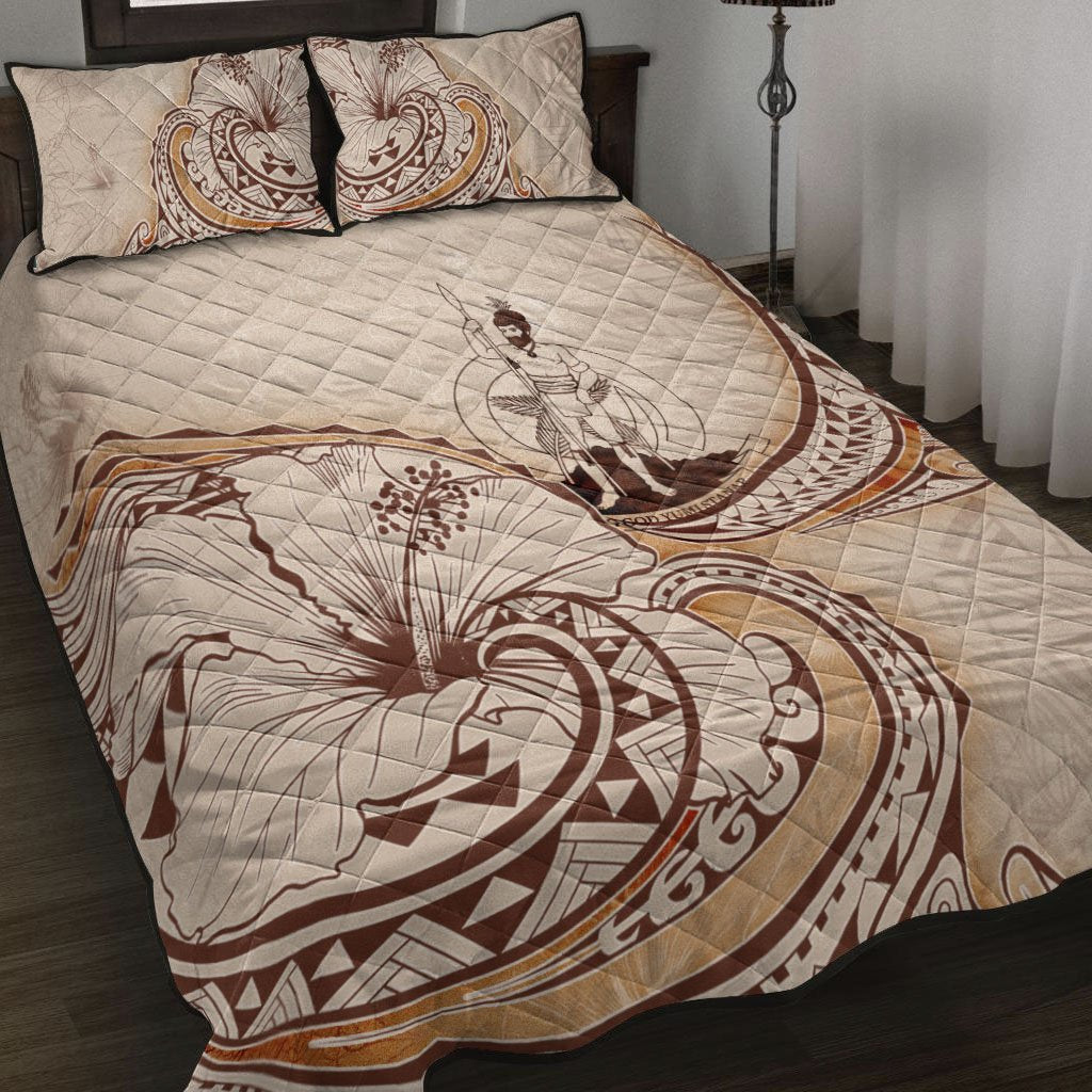 Vanuatu Quilt Bed Set - Hibiscus Flowers Vintage Style Nude - Polynesian Pride