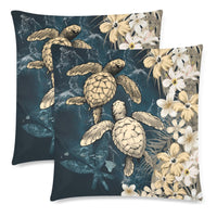 Kanaka Maoli (Hawaiian) Pillow Cases - Sea Turtle Tropical Hibiscus And Plumeria Gold - Polynesian Pride