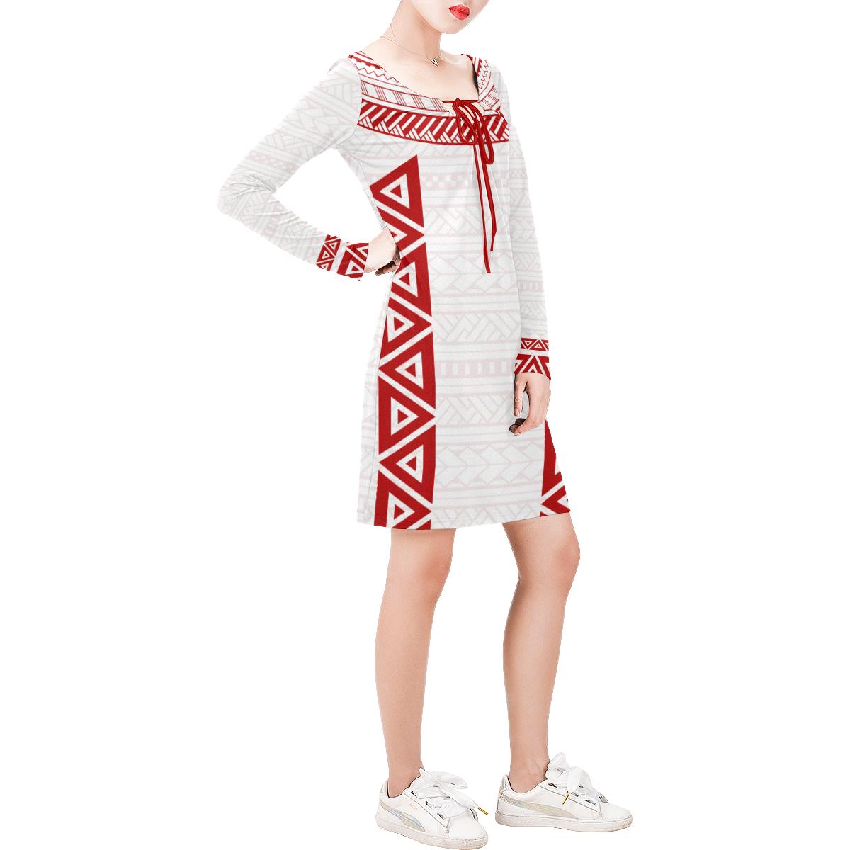 Polynesian Long Sleeve String Tie Dress - White Parallel Pattern Red Women Red - Polynesian Pride