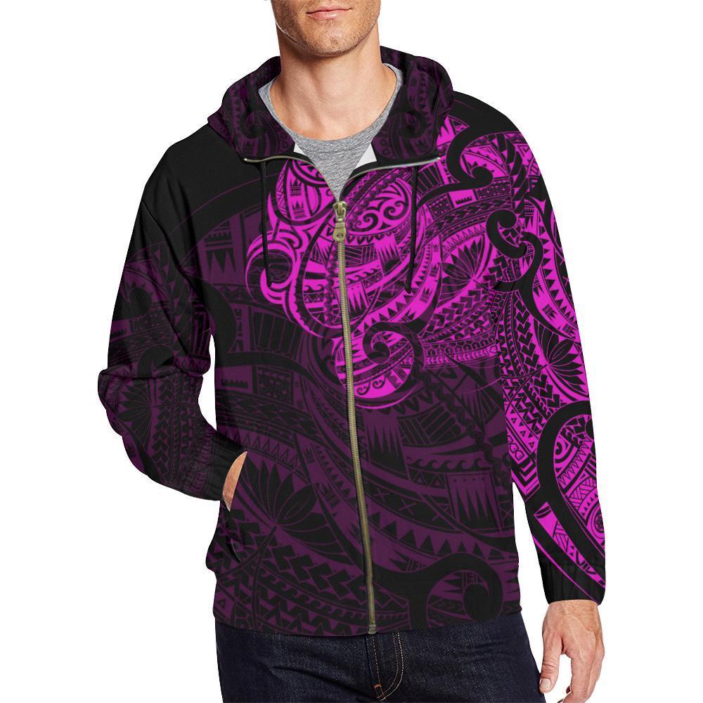 New Zealand Maori Tattoo All Over Print Zip up Pink Hoodie Unisex Pink - Polynesian Pride