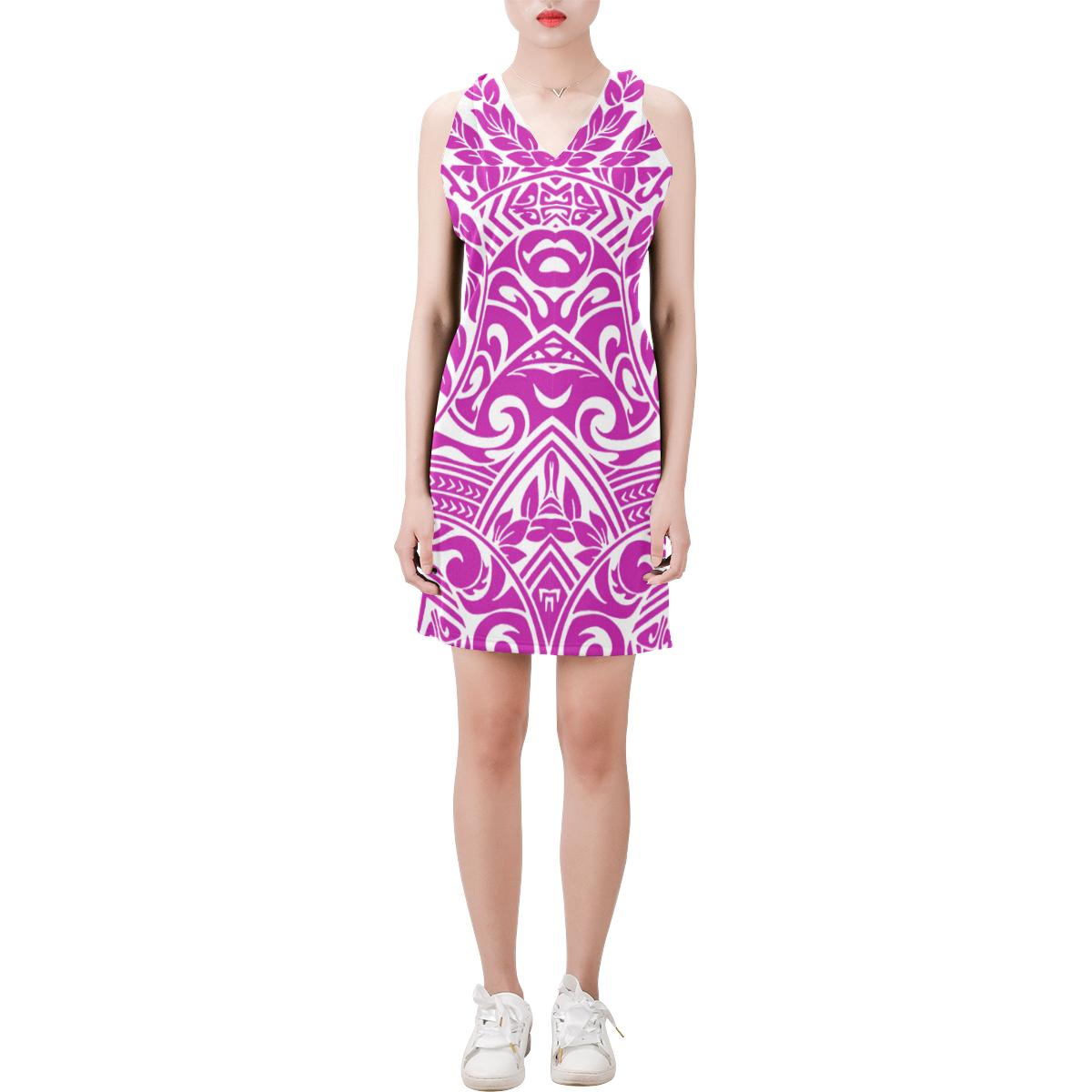 Polynesia Pattern Sleeveless V Neck Dress - Pink Style Women Pink - Polynesian Pride