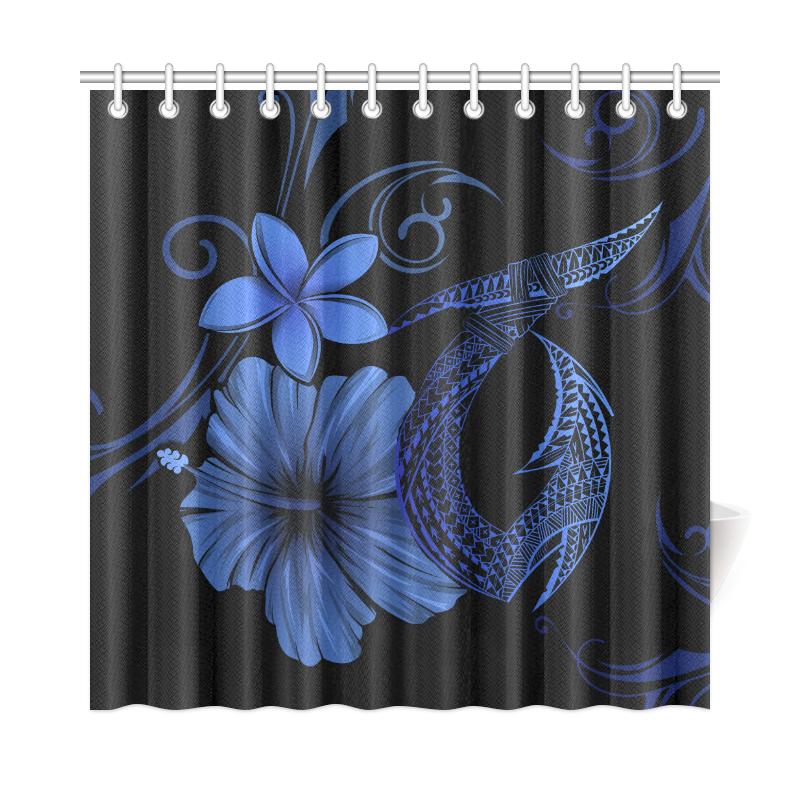 Hawaii Fish Hook Hibiscus Plumeria Shower Curtain - Blue 177 x 172 (cm) Blue - Polynesian Pride