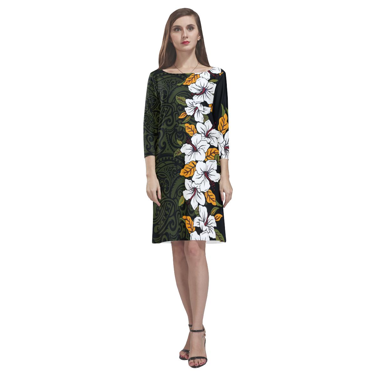 Polynesian Rhea Loose Round Neck Dress - Green Hibiscus Women Green - Polynesian Pride