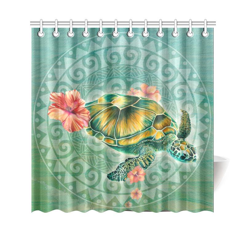 Turtle And Hibiscus Shower Curtain 177 x 172 (cm) Blue - Polynesian Pride