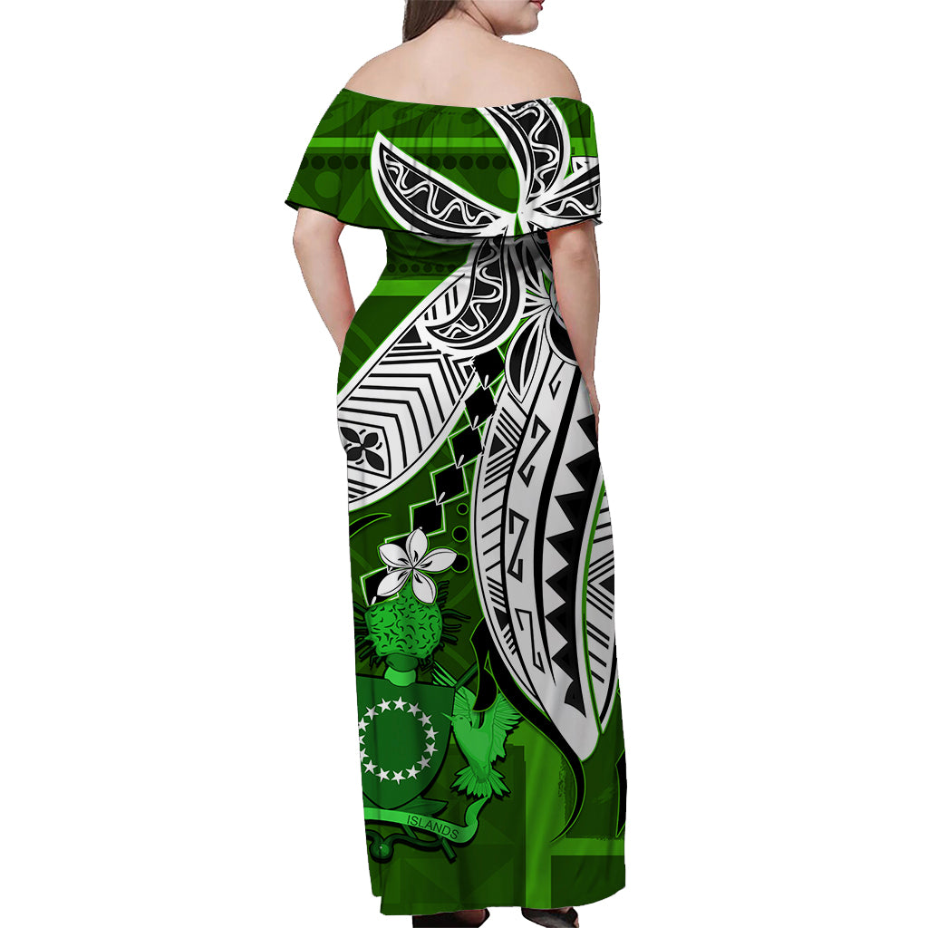 Cook Islands Off Shoulder Long Dress Hibiscus Flowers Style Green LT13 - Polynesian Pride