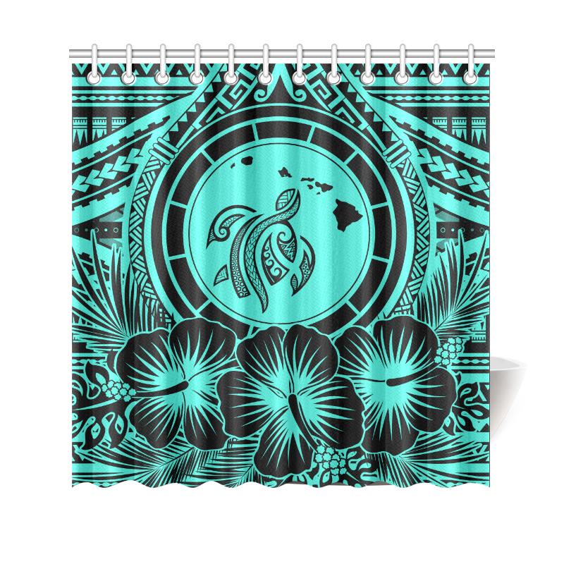 Hawaii Map Honu Hibiscus Turquoise Polynesian Shower Curtain 177 x 172 (cm) Turquoise - Polynesian Pride