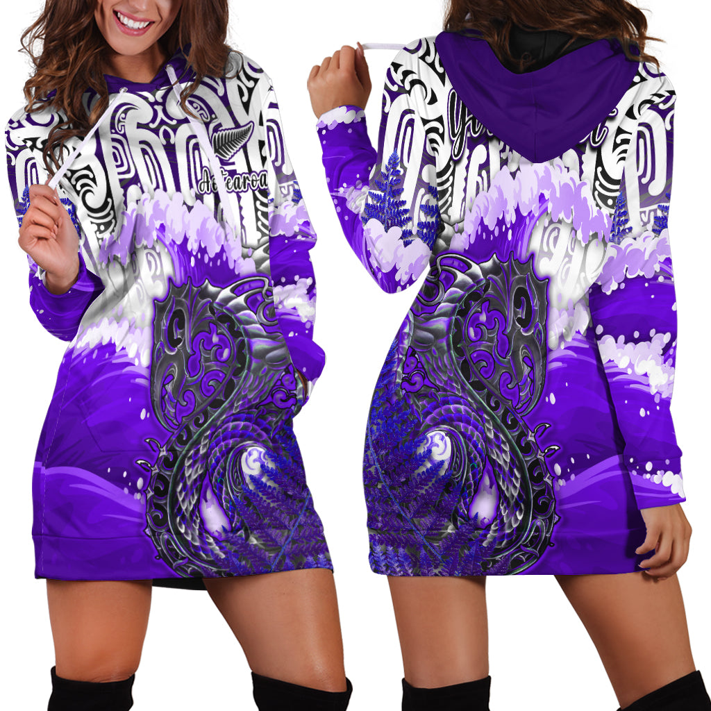 (Custom Personalised) Manaia Maori Hoodie Dress Fern Aotearoa Purple Waves LT13 Purple - Polynesian Pride