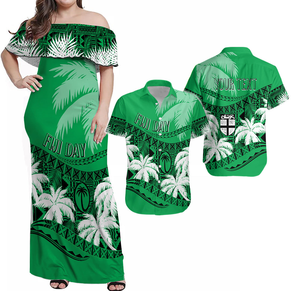 Personalised Fiji Day Matching Hawaiian Shirt and Dress Flying Fijians Masi Kesa Style Green LT7 Green - Polynesian Pride