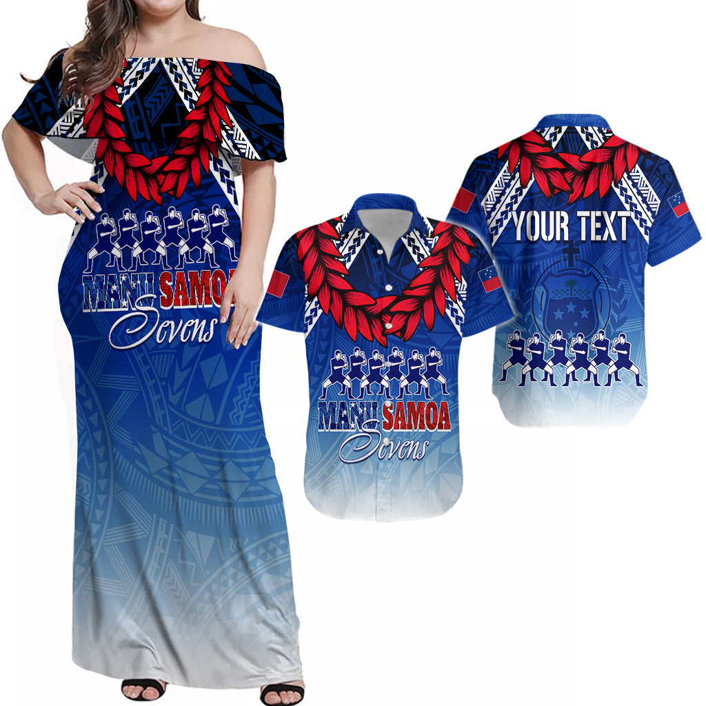 Personalised Samoa Sevens Matching Dress and Hawaiian Shirt Manu Siva Tau with Ula Fala LT7 Blue - Polynesian Pride