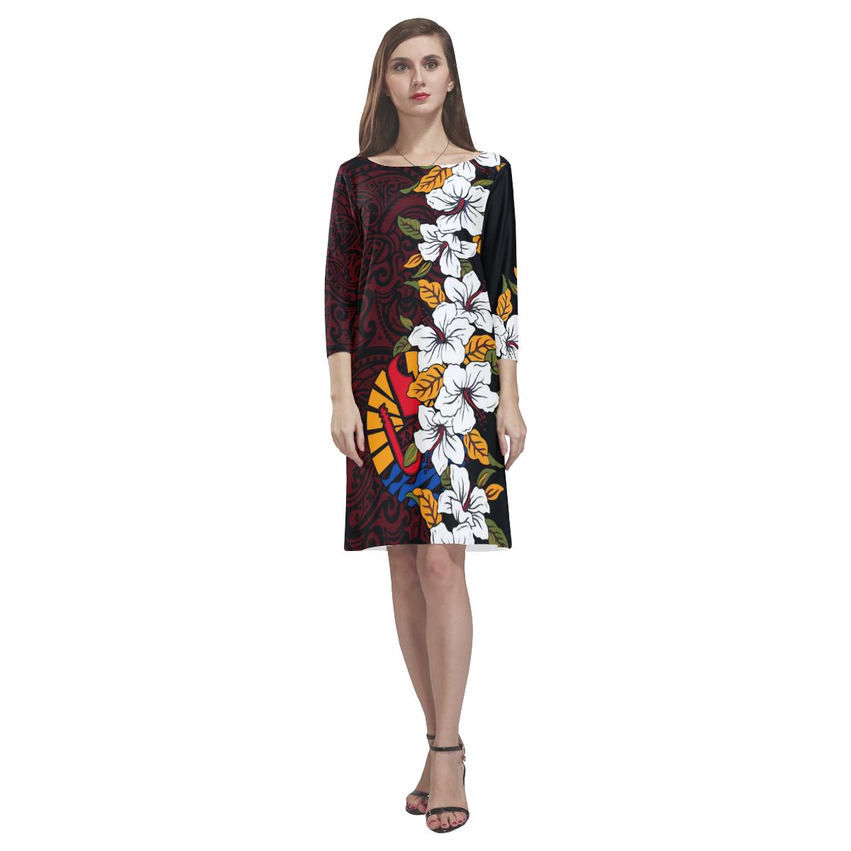 French Polynesia Rhea Loose Round Neck Dress - Hibiscus Women Red - Polynesian Pride