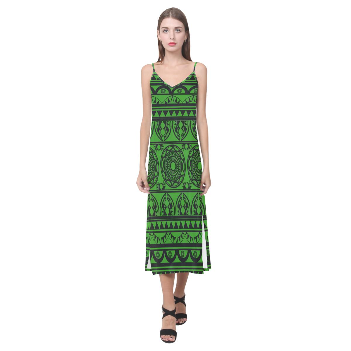 Polynesia Pattern V - Neck Open Fork Long Dress - Green Style Women Green - Polynesian Pride