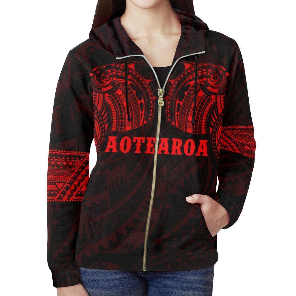 Aotearoa Maori Tattoo All Over Zip Hoodie Red Unisex Red - Polynesian Pride