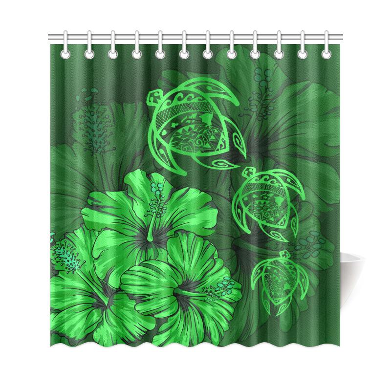Hawaiian Map Turtle Hibiscus Green Vintage Shower Curtain - Polynesian Pride