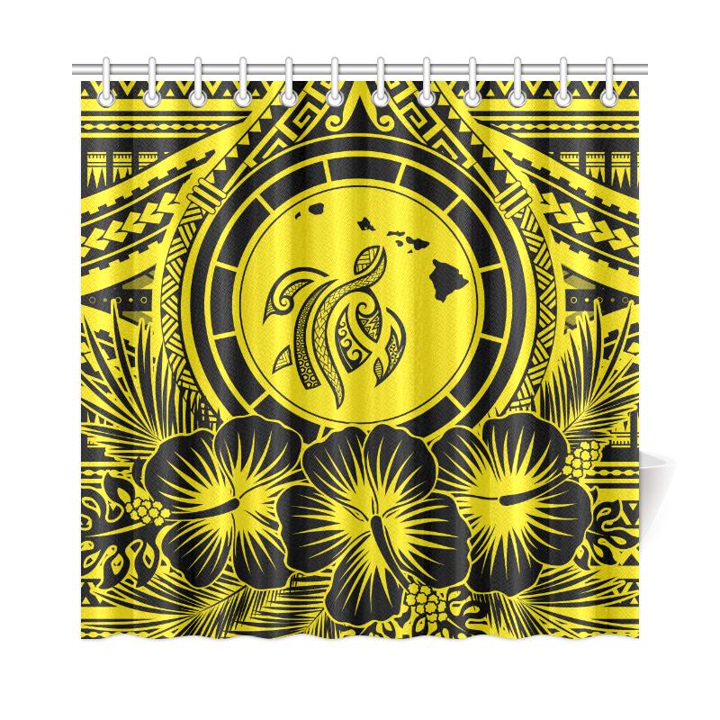Hawaii Map Honu Hibiscus Yellow Polynesian Shower Curtain - Polynesian Pride