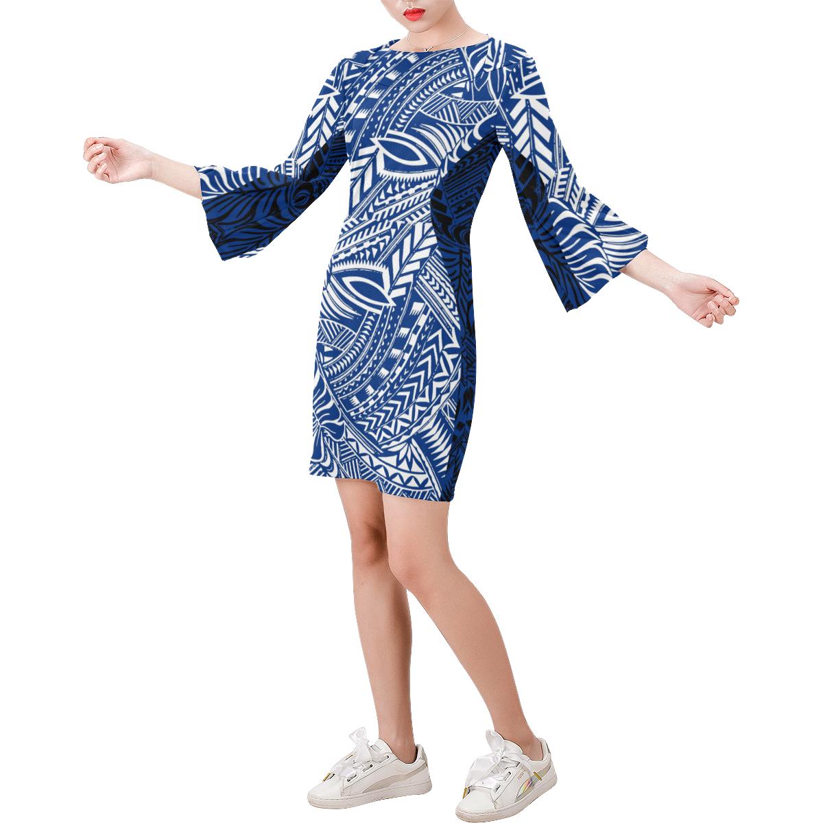 Tonga Pattern Bell Sleeve Dress Blue Women - Polynesian Pride