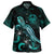 Easter Island Matching Dress and Hawaiian Shirt with with Turtle and Blooming Hibiscus Turquoise - Polynesian Pride