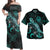 Easter Island Matching Dress and Hawaiian Shirt with with Turtle and Blooming Hibiscus Turquoise Turquoise - Polynesian Pride