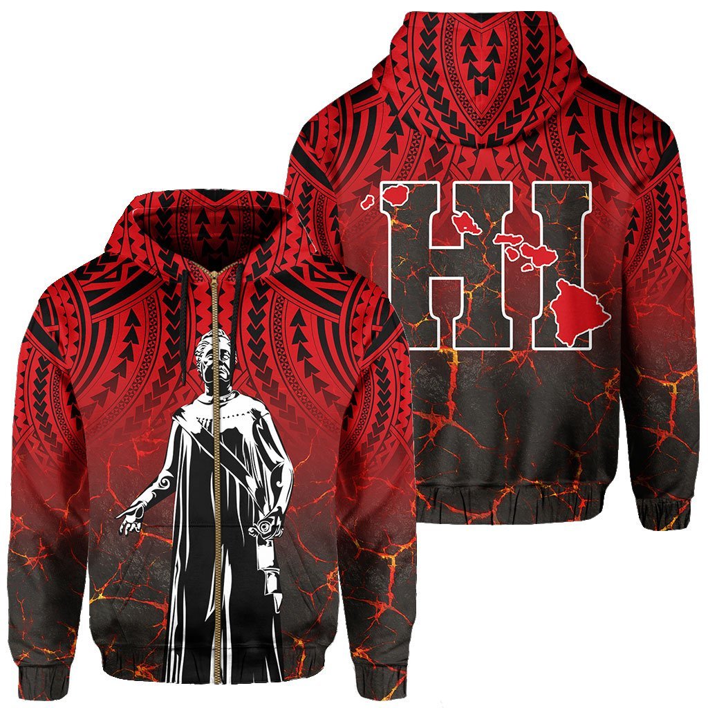 Polynesian Kakau Queen Liliuokalani Map of Hawaii Zip Hoodie Unisex Red - Polynesian Pride