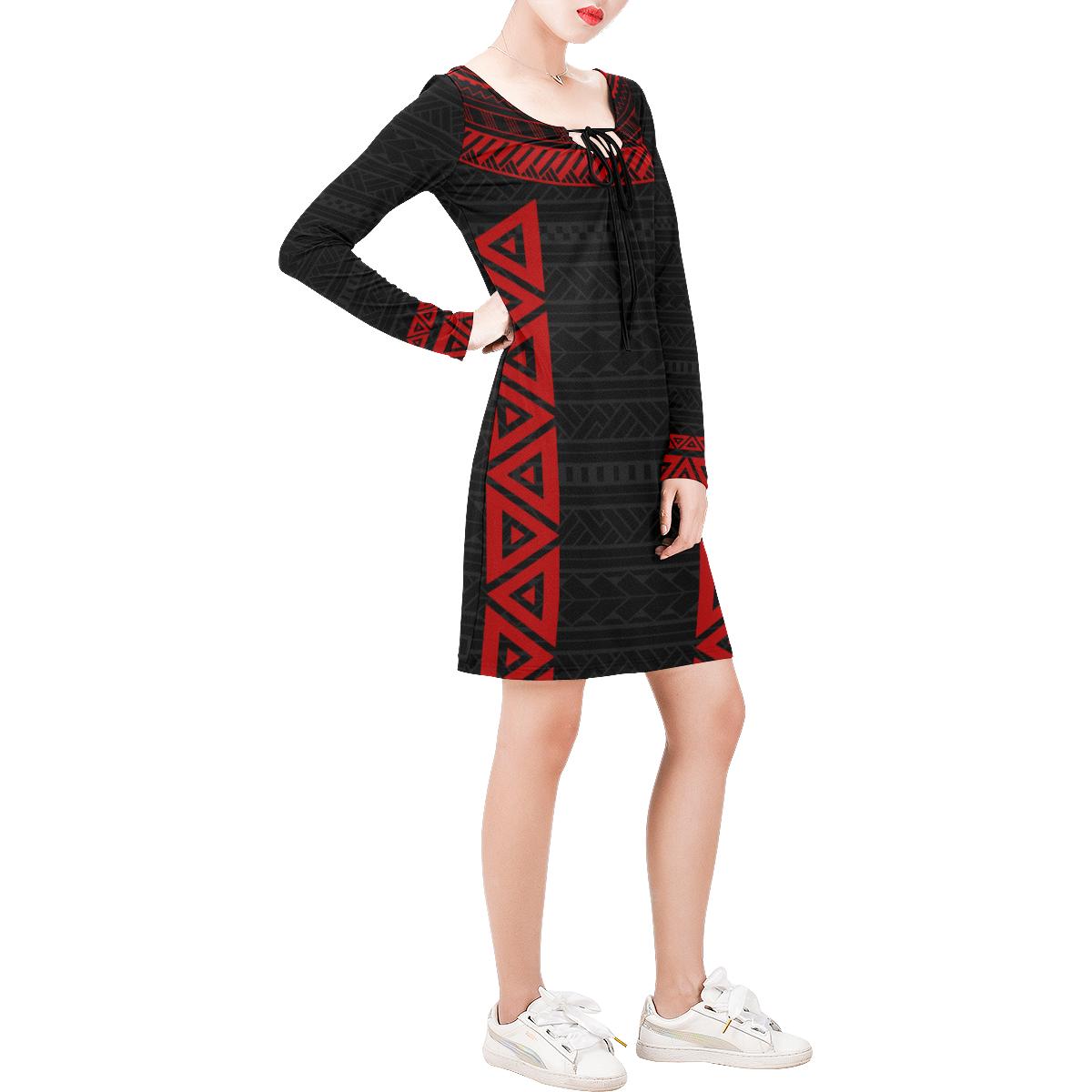 Polynesian Long Sleeve String Tie Dress - Black Parallel Pattern Red Women Red - Polynesian Pride