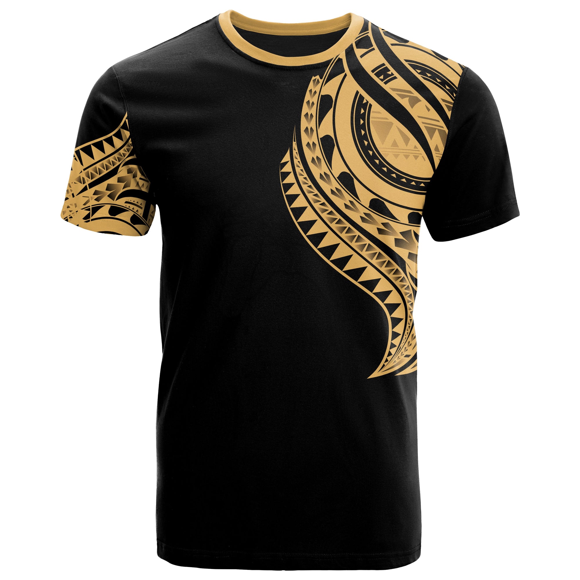 Samoa T Shirt Samoan Tatau Gold Patterns With Coat of Arms Unisex Black - Polynesian Pride