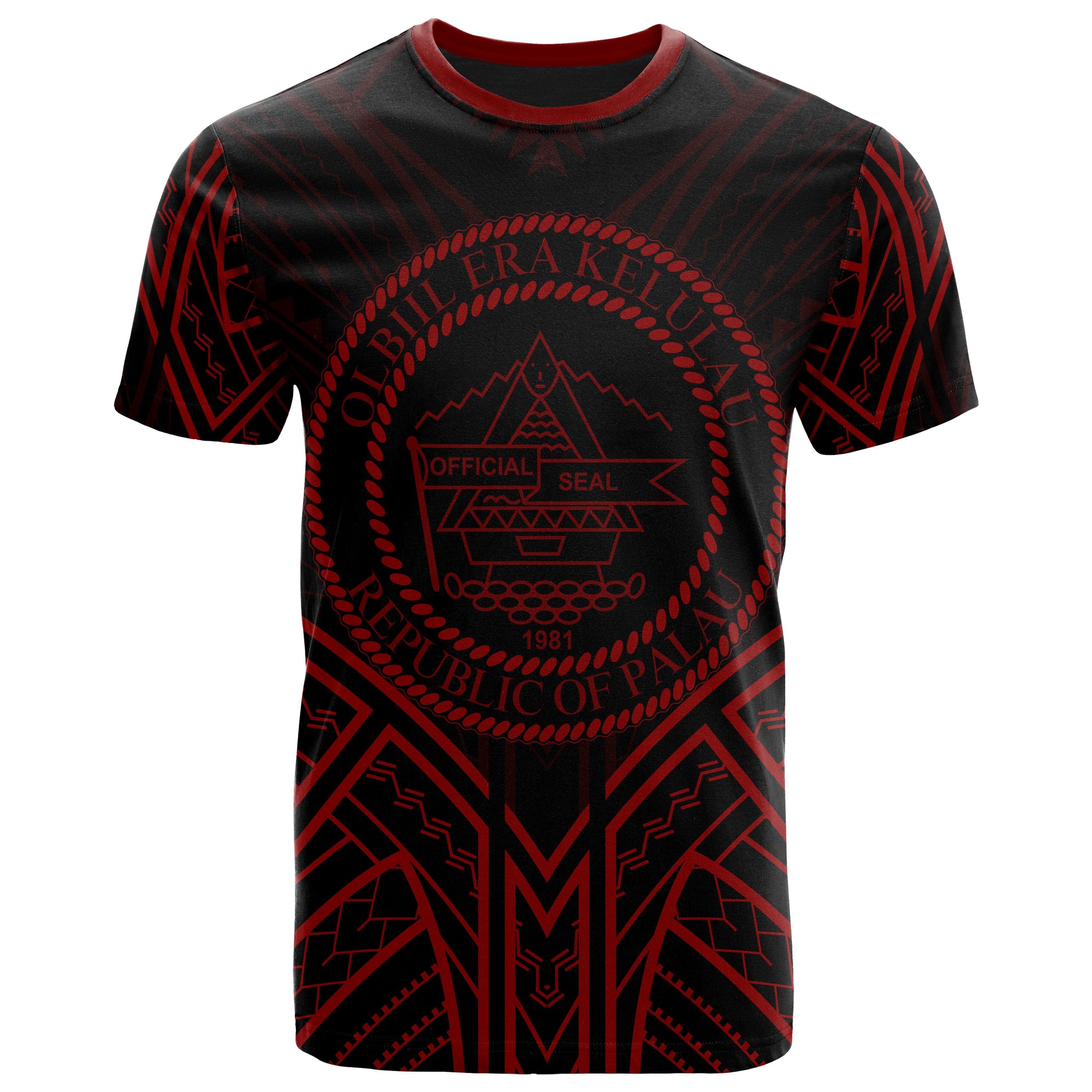 Palau T Shirt Palau Seal Tribal Red Color Patterns Unisex Black - Polynesian Pride