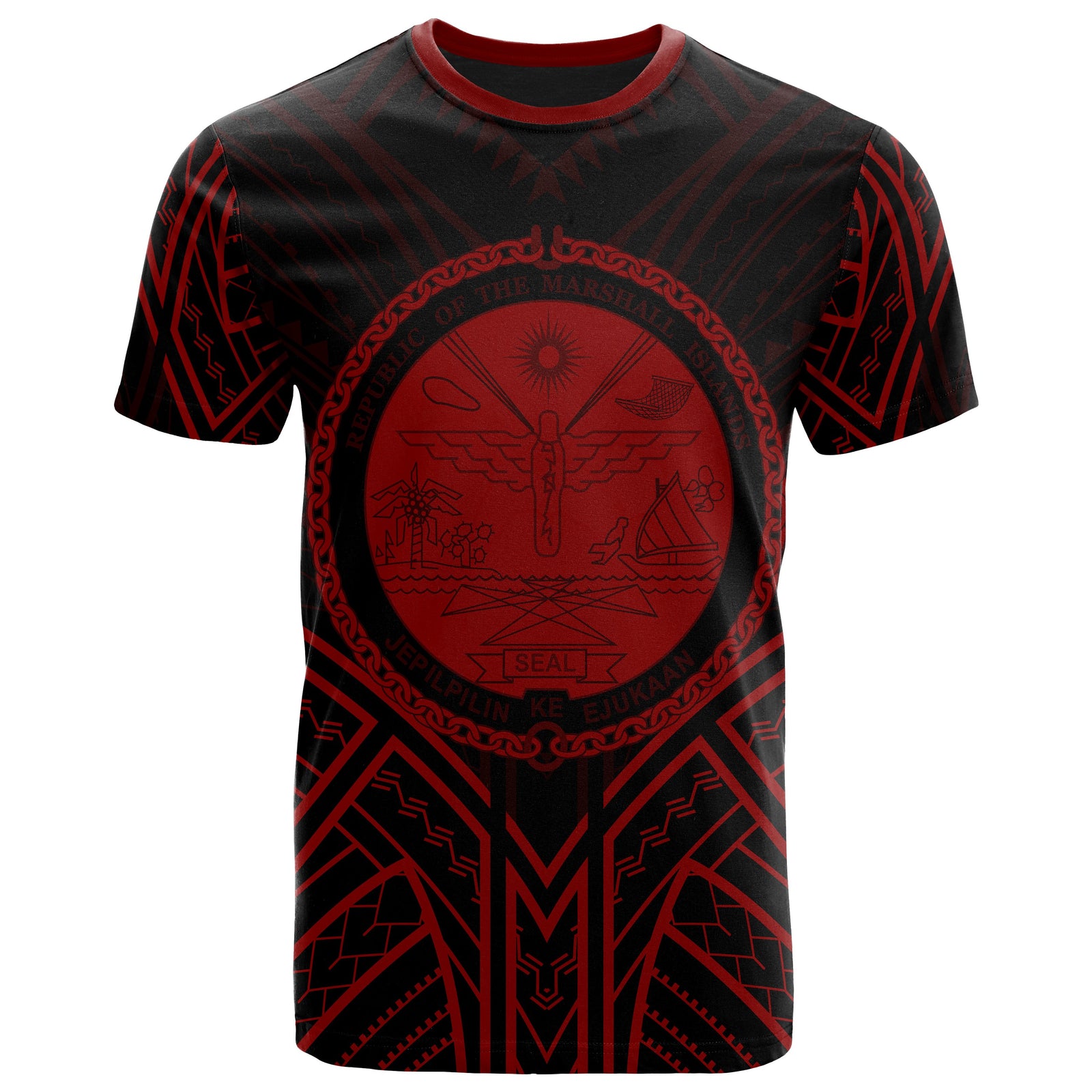 Marshall T Shirt Marshall Seal Tribal Red Color Patterns Unisex Black - Polynesian Pride
