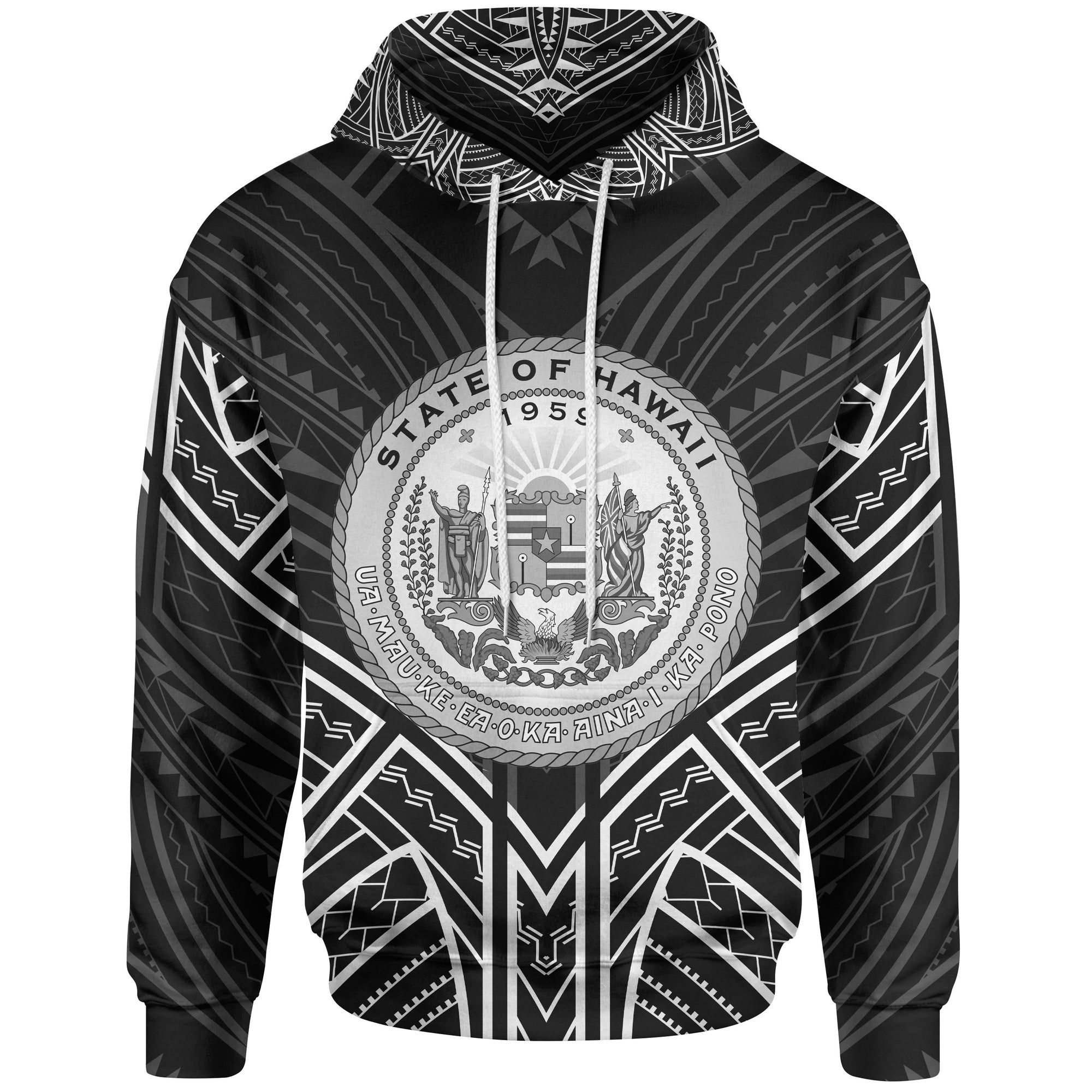 Hawaii Hoodie Seal Black Tribal Patterns Unisex White - Polynesian Pride