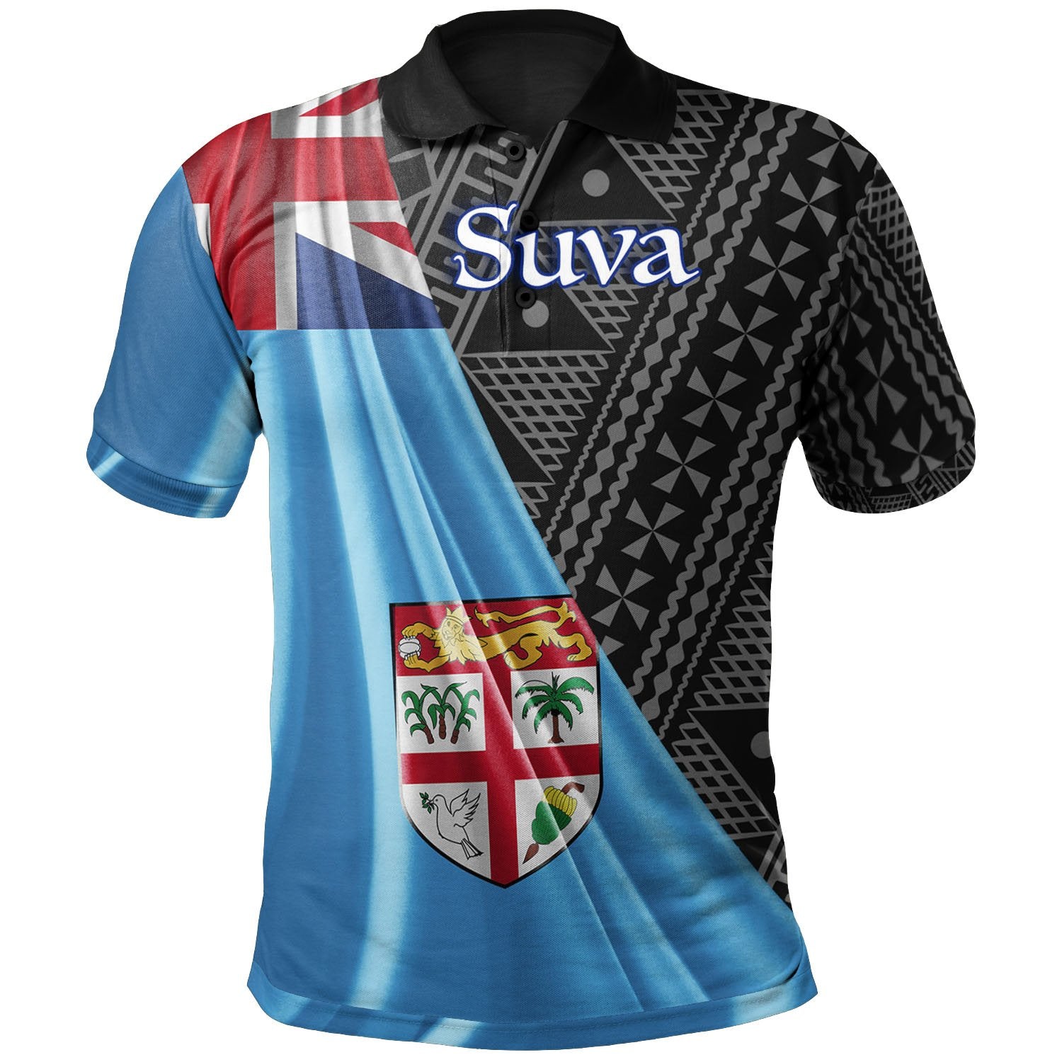 Fiji Polo Shirt Suva Fiji Day 50th Anniversary With Tapa Patterns Unisex Black - Polynesian Pride