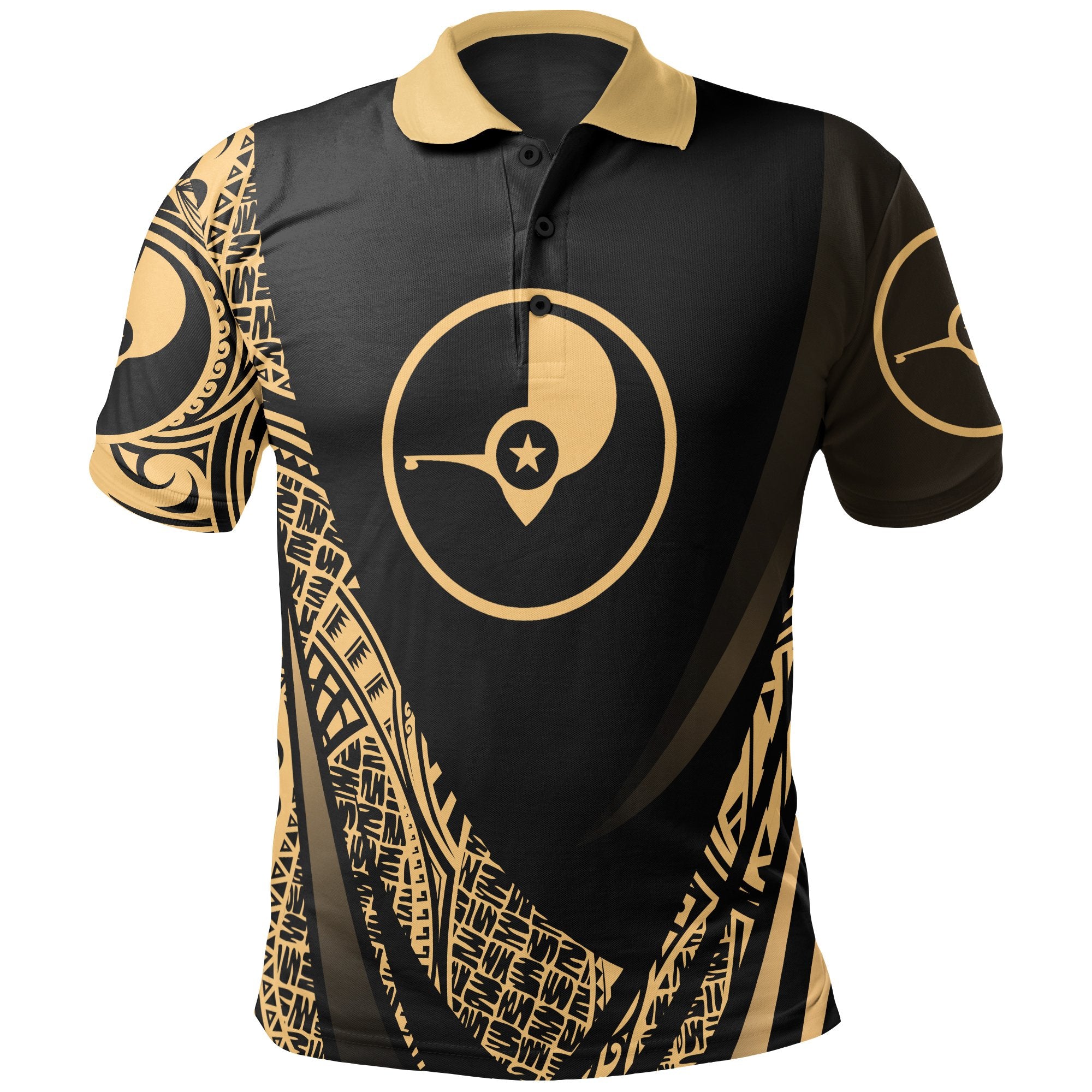 Yap State Polo Shirt Gold Polynesian Patterns Sport Style Unisex Black - Polynesian Pride