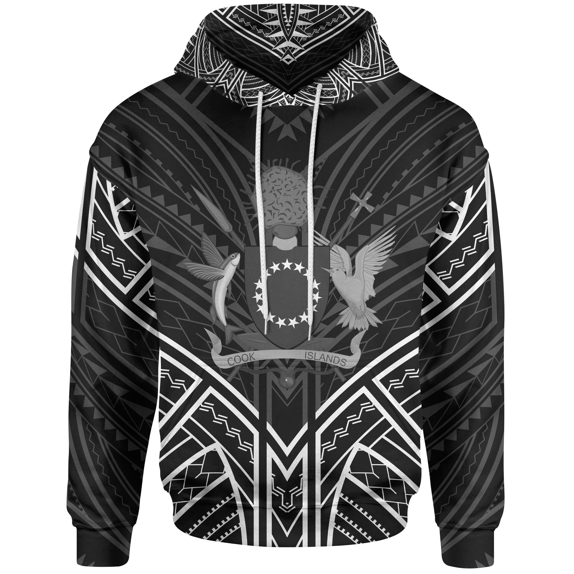 Cook Islands Hoodie Cook Islands Seal Black Tribal Patterns Unisex White - Polynesian Pride