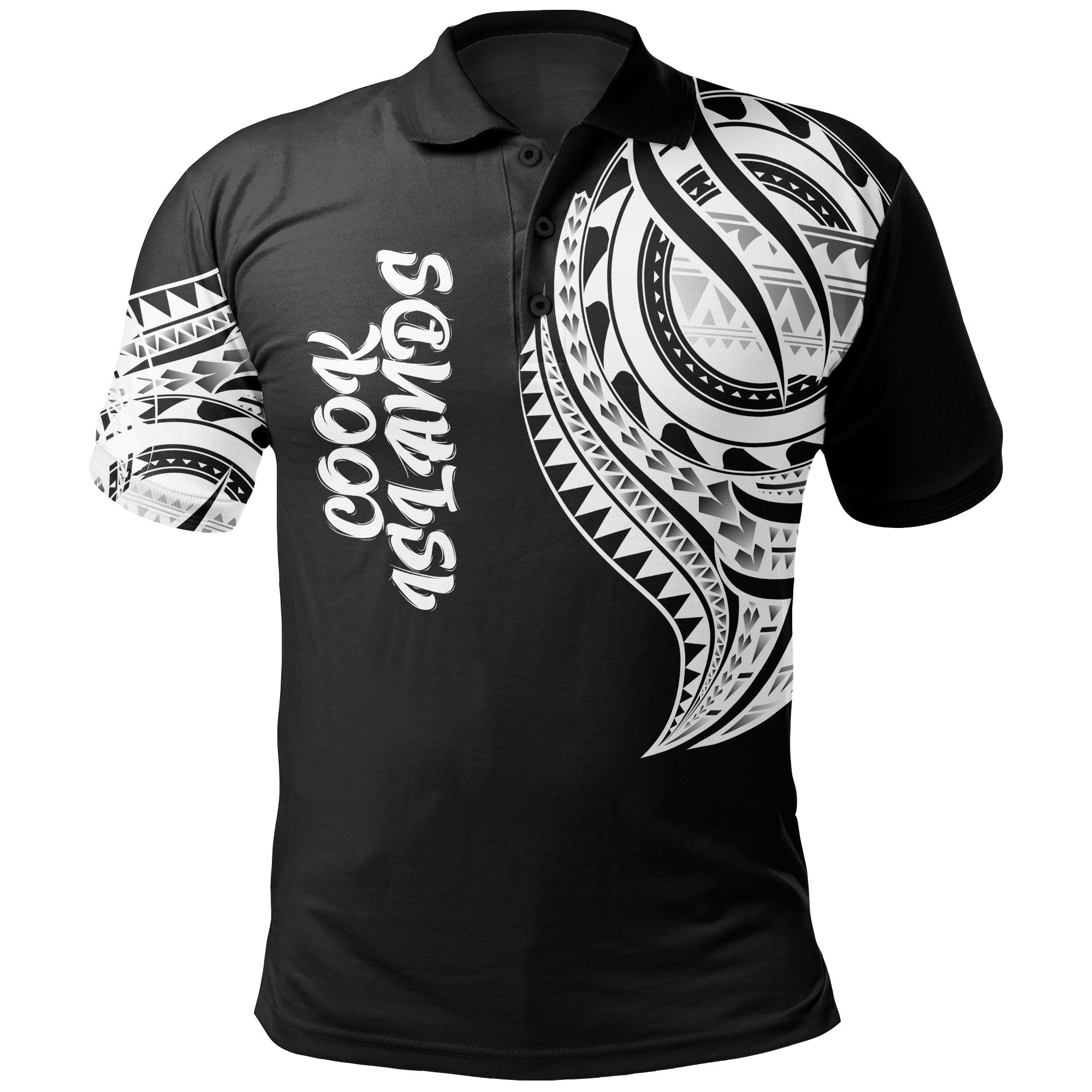 Cook Islands Polo Shirt Kuki Airani Tatau White Patterns Unisex Black - Polynesian Pride