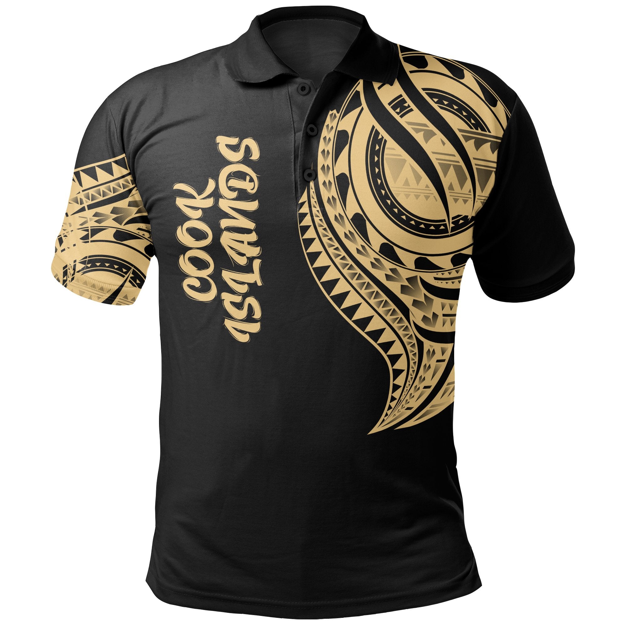 Cook Islands Polo Shirt Kuki Airani Tatau Gold Patterns Unisex Black - Polynesian Pride