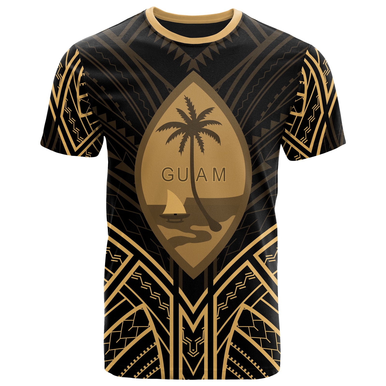 Guam T Shirt Guam Seal Tribal Gold Color Patterns Unisex Black - Polynesian Pride