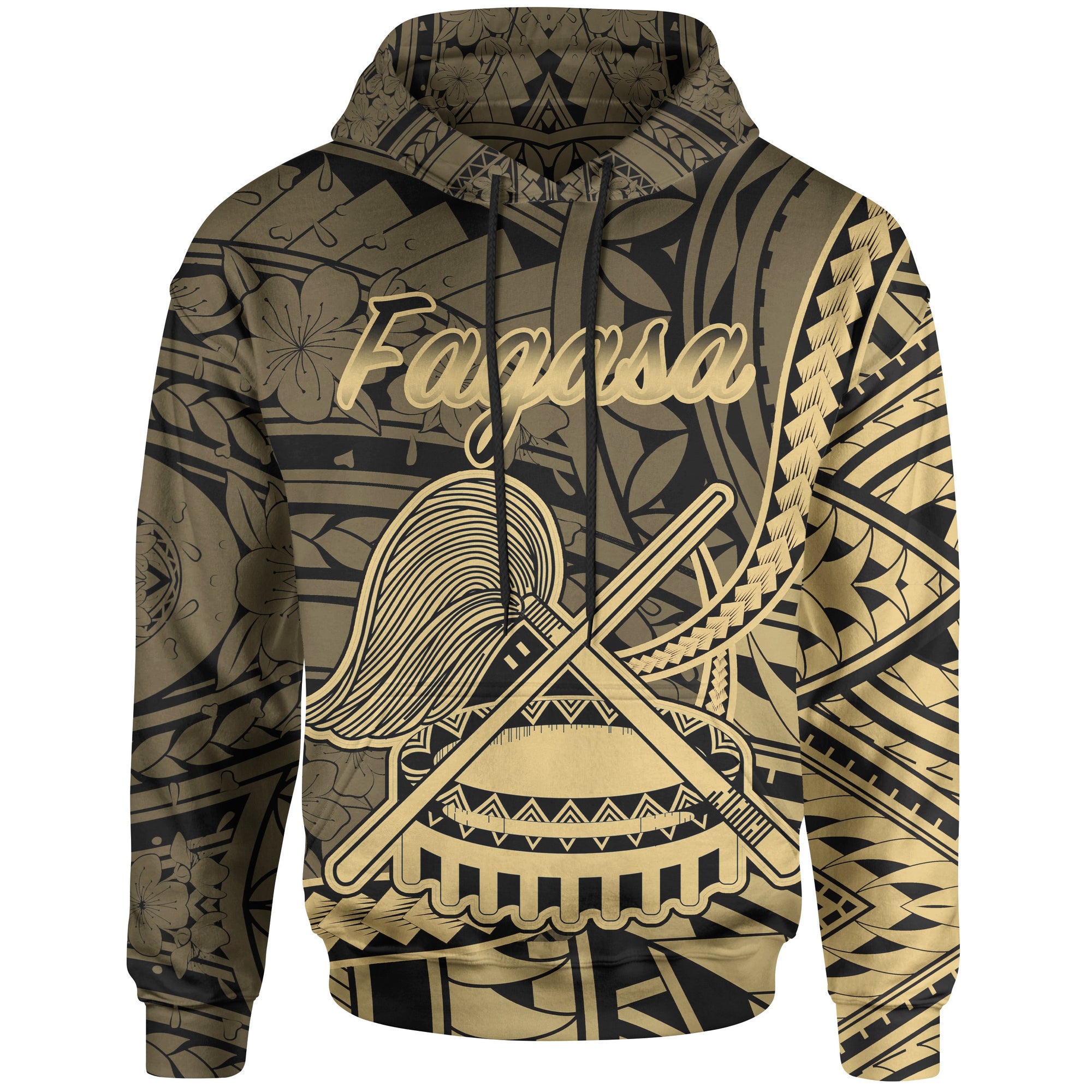 American Samoa Hoodie Fagasa Polynesian Gold Patterns Unisex Black - Polynesian Pride