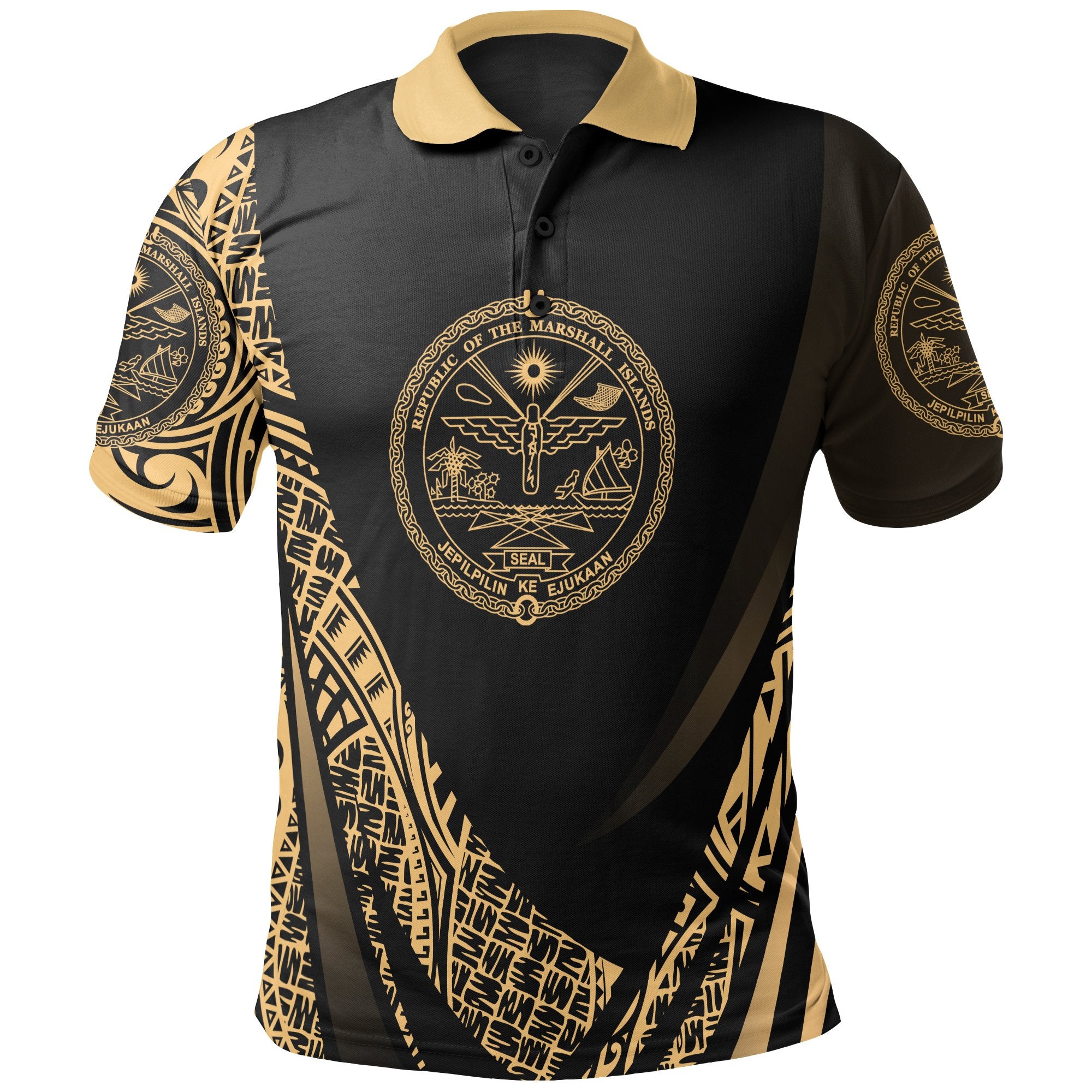 Marshall Polo Shirt Gold Polynesian Patterns Sport Style Unisex Black - Polynesian Pride