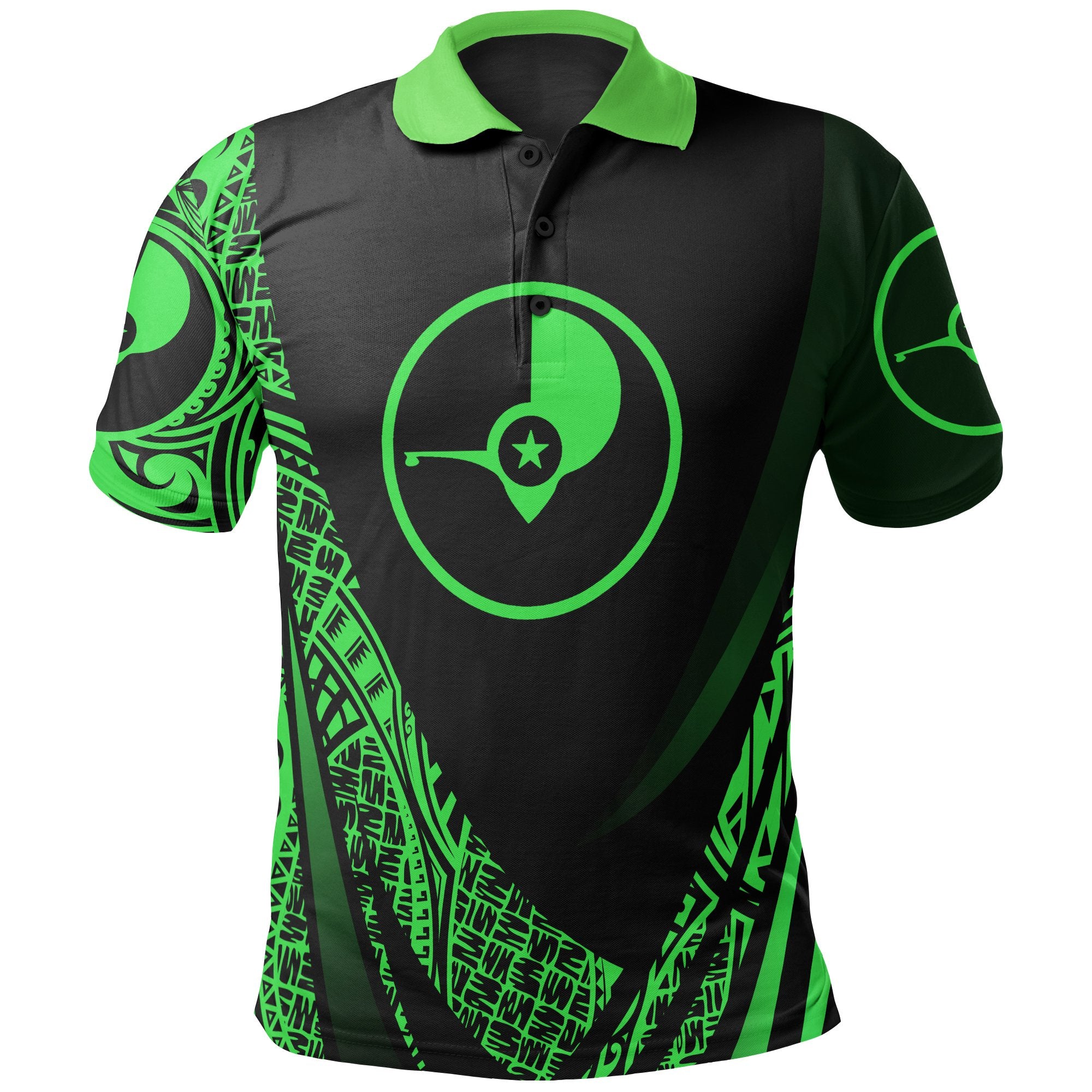 Yap State Polo Shirt Green Polynesian Patterns Sport Style Unisex Black - Polynesian Pride