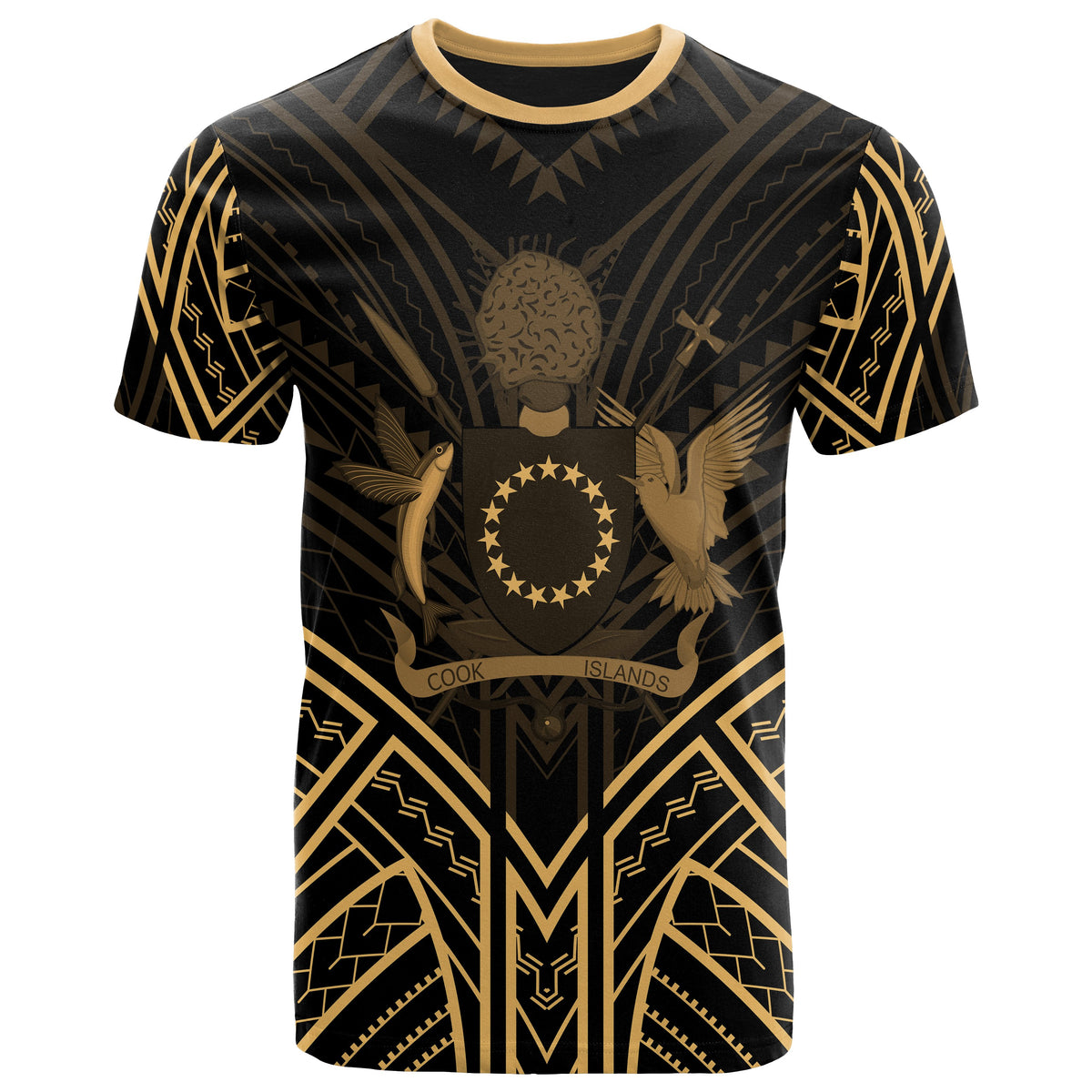Cook Islands T Shirt Polynesian Seal Tribal Gold Color Patterns Unisex Black - Polynesian Pride