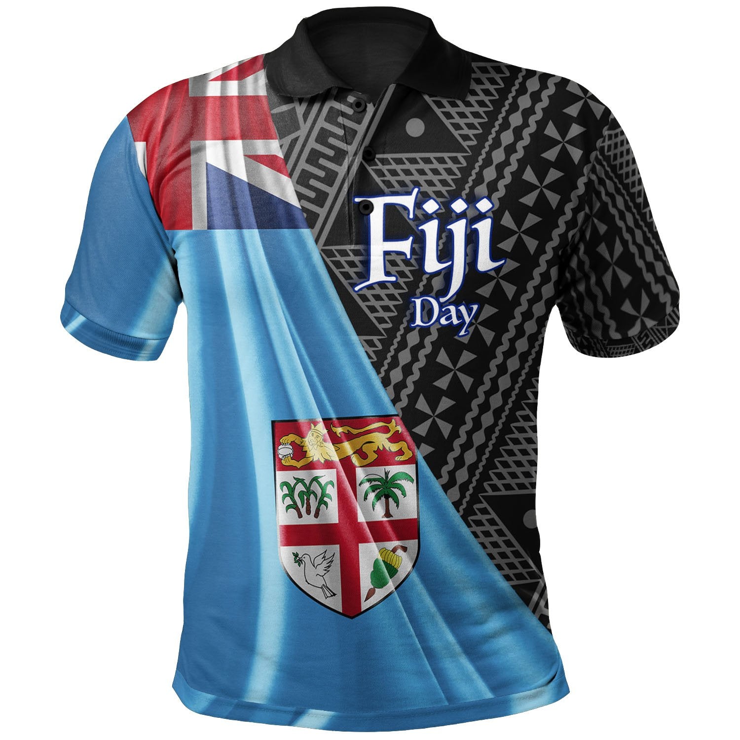 Fiji Polo Shirt Viti Day 50th Anniversary With Tapa Patterns Unisex Black - Polynesian Pride