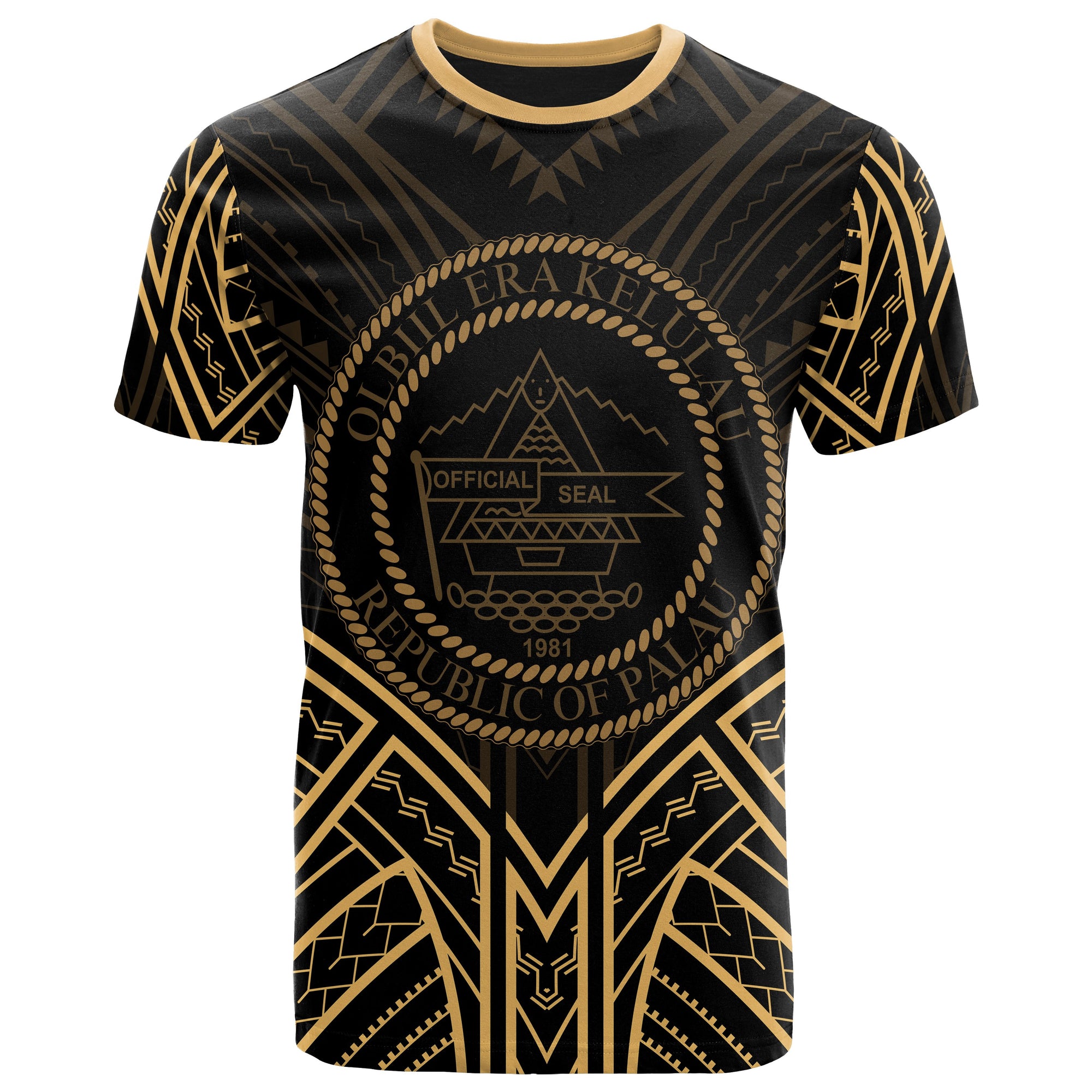 Palau T Shirt Palau Seal Tribal Gold Color Patterns Unisex Black - Polynesian Pride