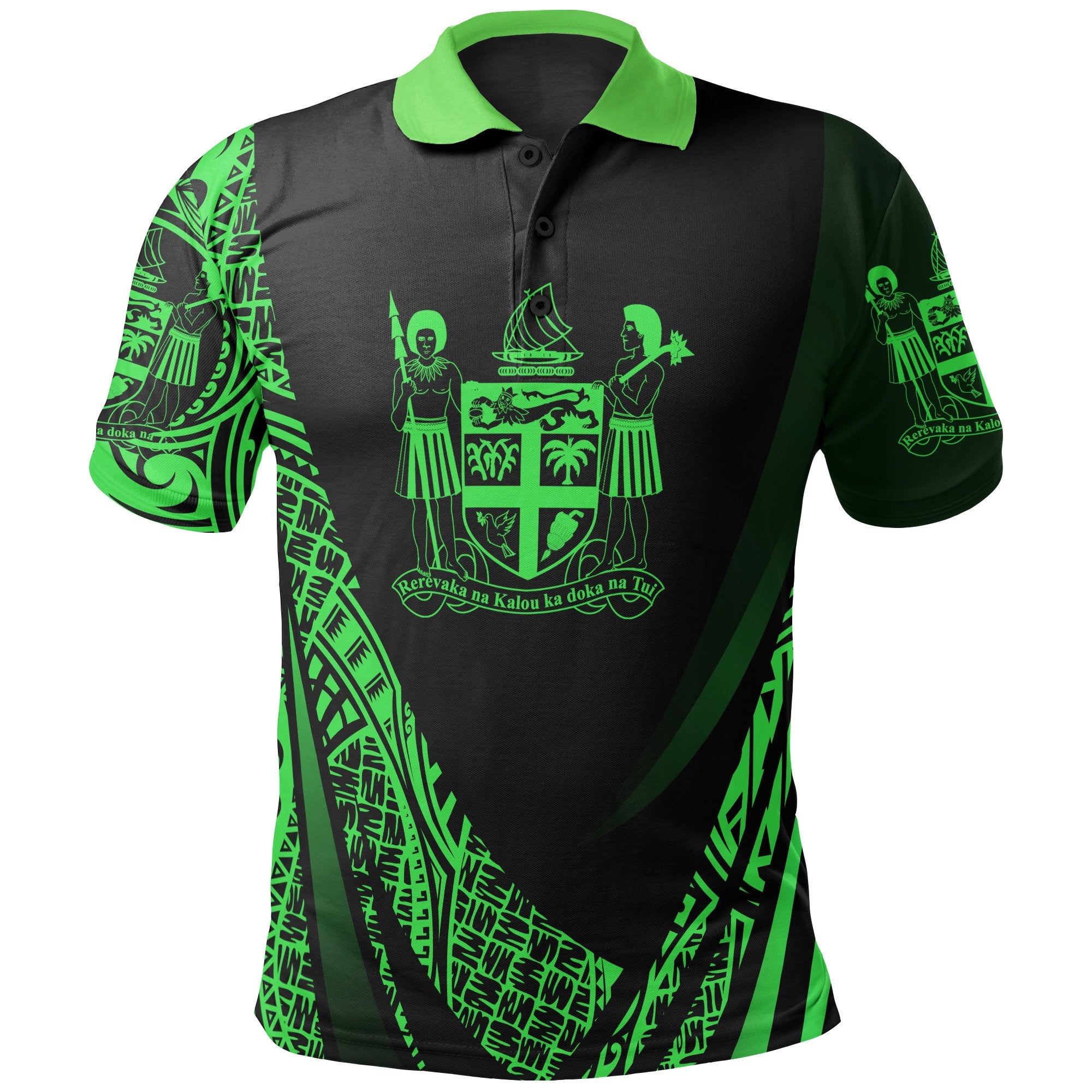 Fiji Polo Shirt Green Polynesian Patterns Sport Style Unisex Black - Polynesian Pride