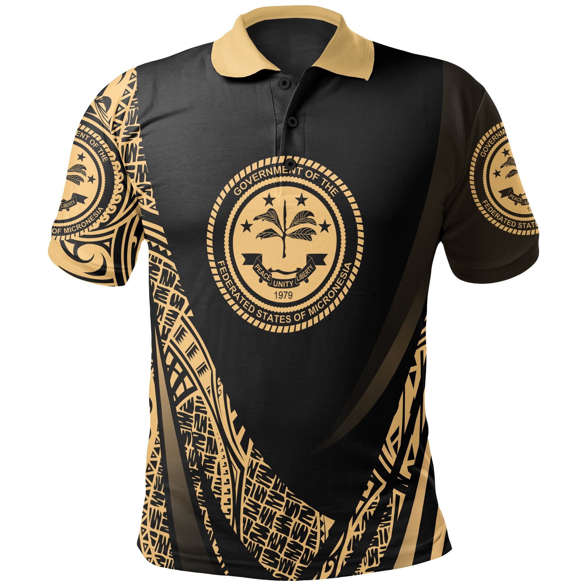 Federated States of Micronesia Polo Shirt Gold Polynesian Patterns Sport Style Unisex Black - Polynesian Pride