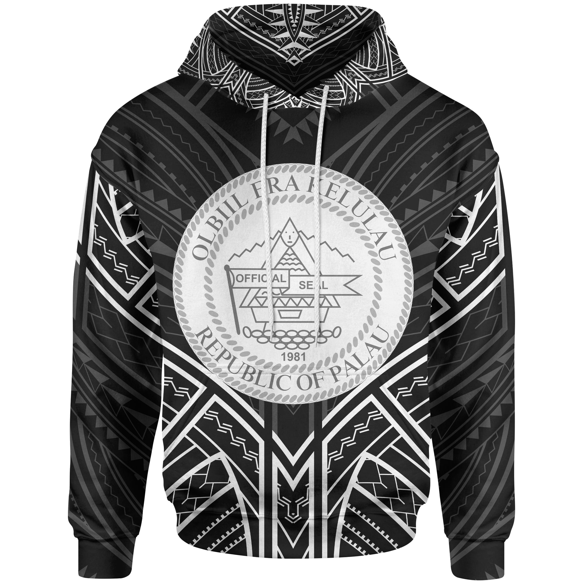 Palau Hoodie Palau Seal Black Tribal Patterns Unisex White - Polynesian Pride