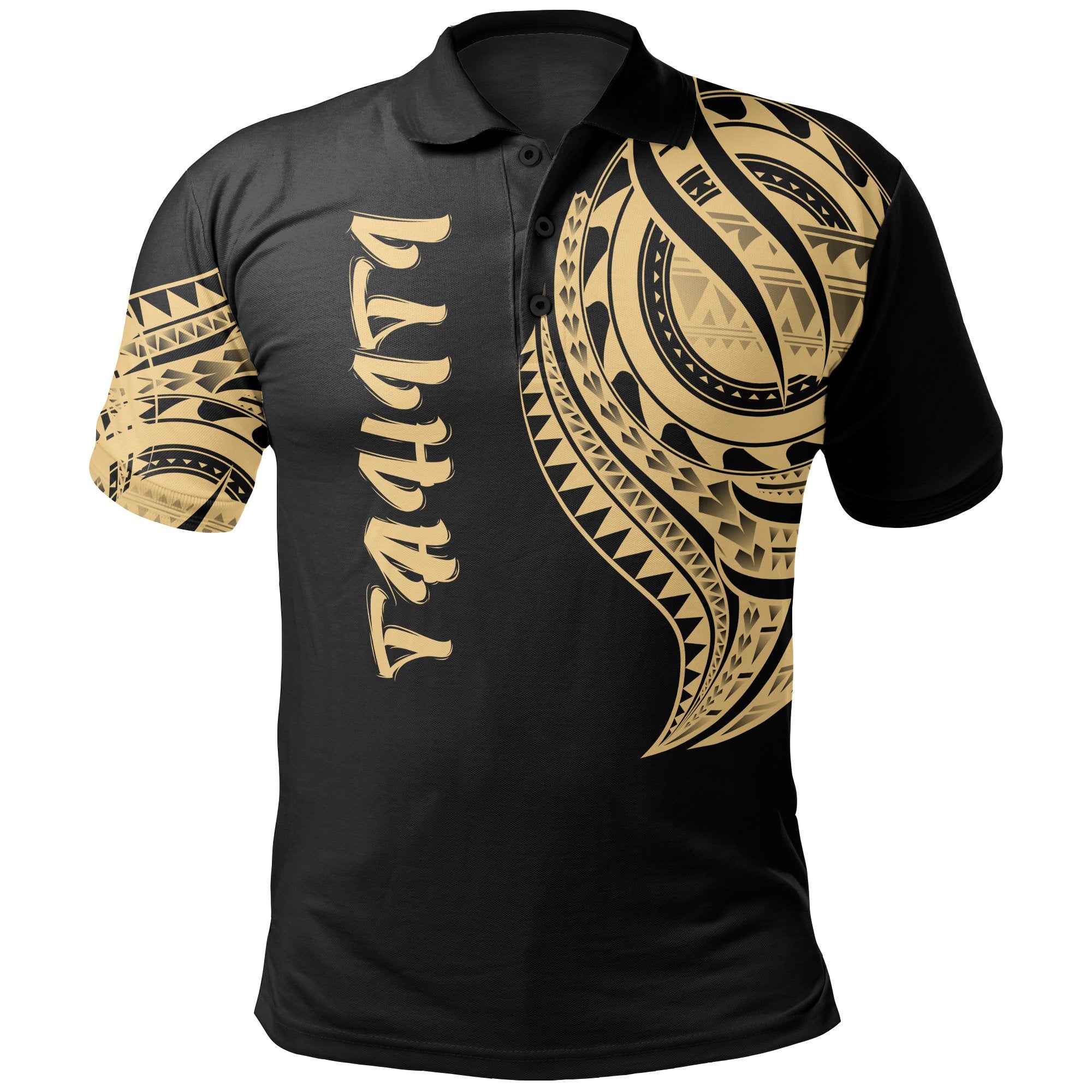 Tahiti Polo Shirt Tahitian Tatau Gold Patterns Unisex Black - Polynesian Pride