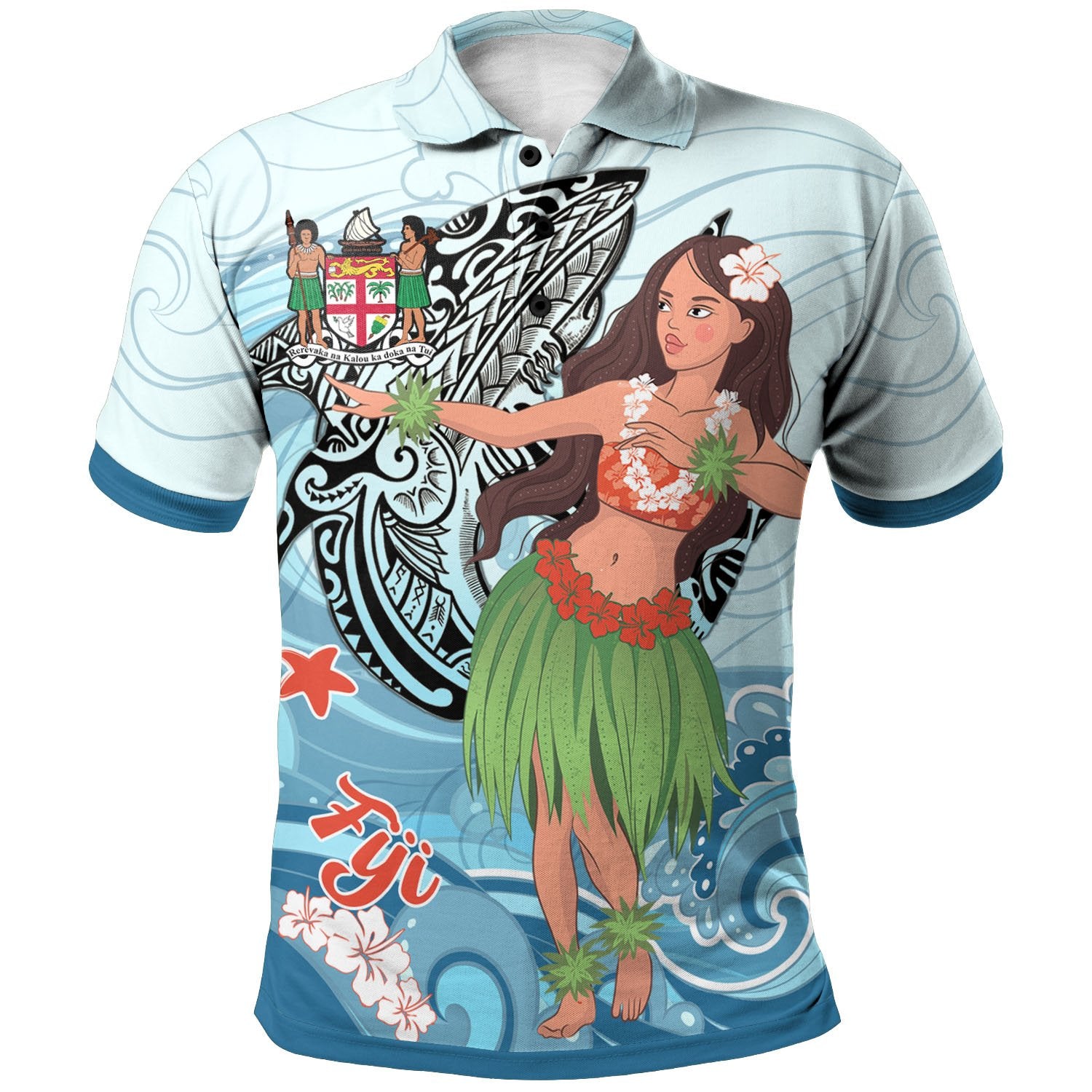 Fiji Polo Shirt Polynesian Girls With Shark Unisex Blue - Polynesian Pride